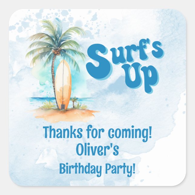 Surf's Up Summer Beach Birthday Party Favor Square Sticker (Front)