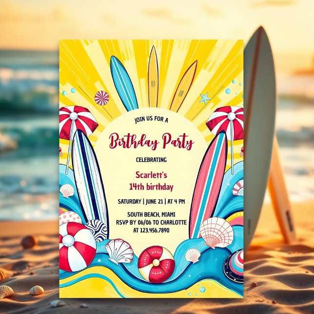 Surfs Up Summer Fun Beach Surfing Birthday Invitation (Summer beach surfing birthday party invitation template)