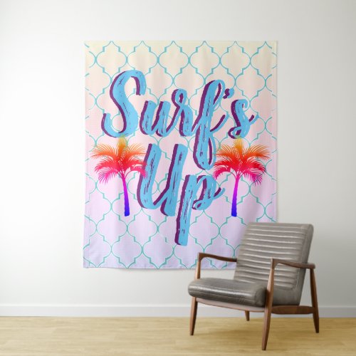 Surfs Up Summer Sunset Palm Trees Tapestry