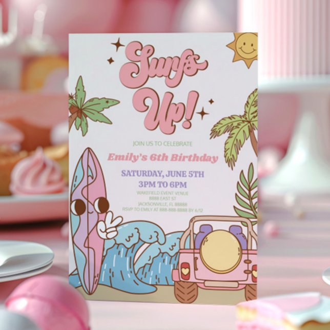 Surfs Up! Surf Board Groovy Retro Birthday Party Invitation (Creator Uploaded)
