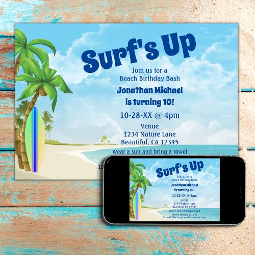 Surfs Up Surfboard and Beach Surfing Birthday Invitation
