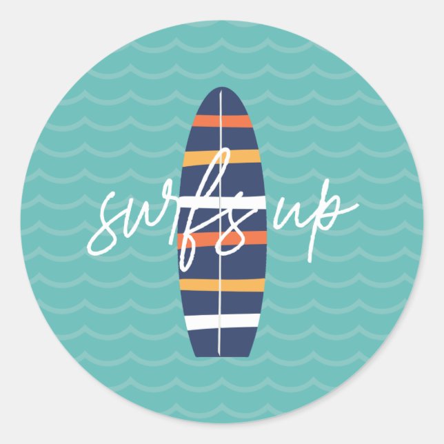 Surfs Up surfboard and waves Birthday Party Classic Round Sticker (Front)