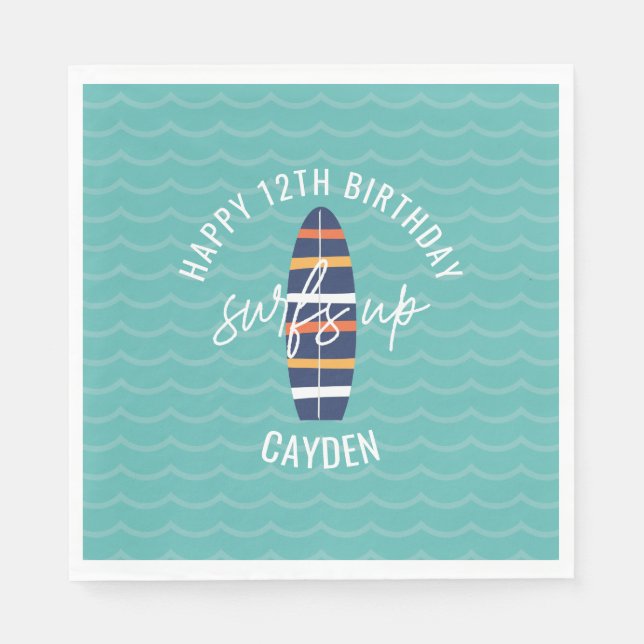 Surfs Up surfboard and waves Birthday Party Napkins (Front)