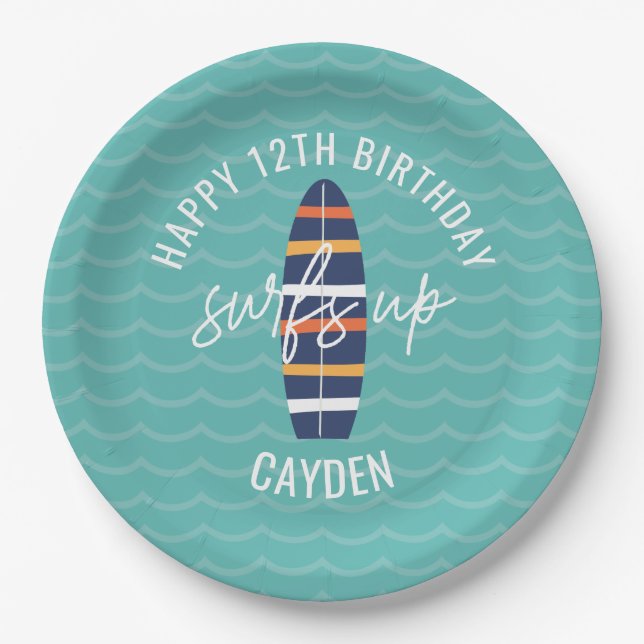 Surfs Up surfboard and waves Birthday Party Paper  Plates (Front)