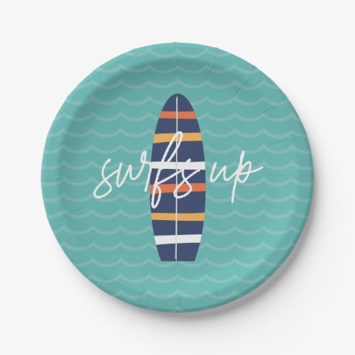 Surfs Up surfboard and waves Birthday Party Paper Plates