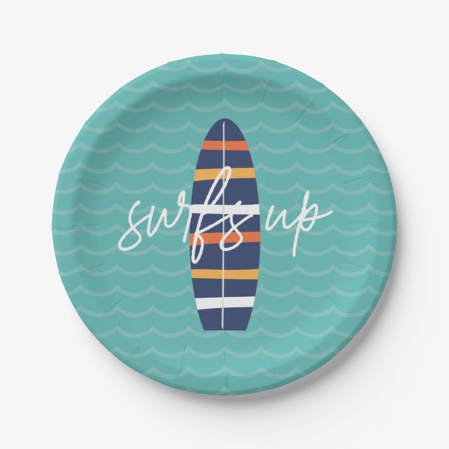 Surfs Up surfboard and waves Birthday Party Paper Plates (Front)