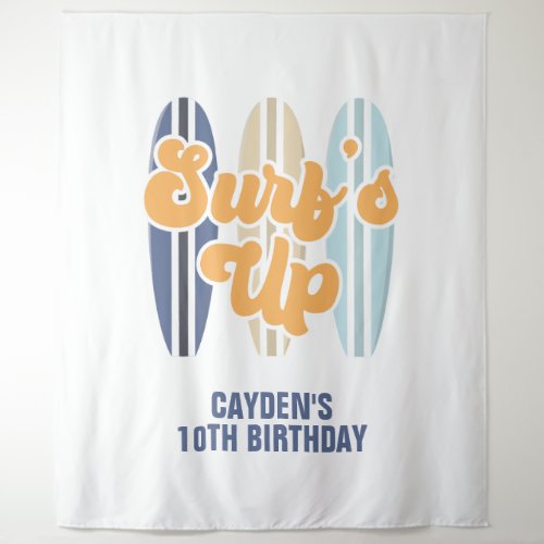 Surfs Up Surfboard Beach Birthday Banner Tapestry