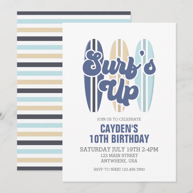 Surf's Up Surfboard Beach Birthday Invitation (Front/Back)