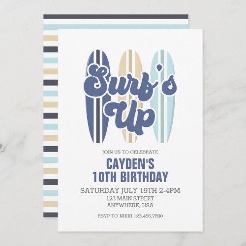 Surfs Up Surfboard Beach Birthday Invitation