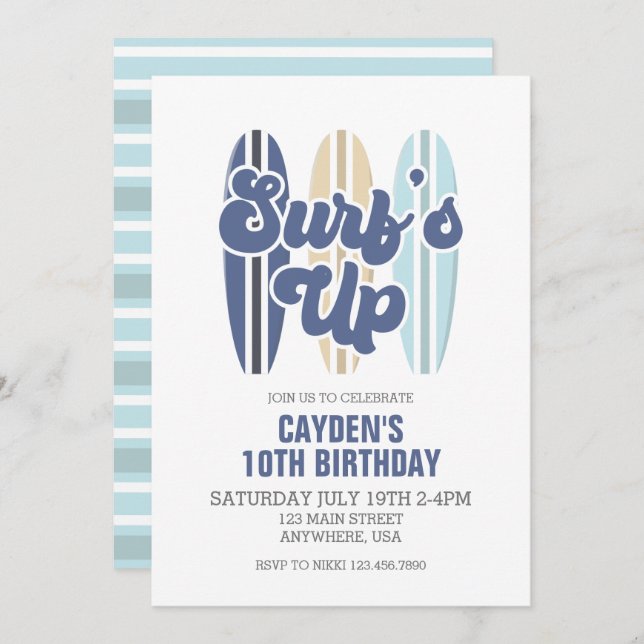 Surf's Up Surfboard Beach Birthday Invitation (Front/Back)