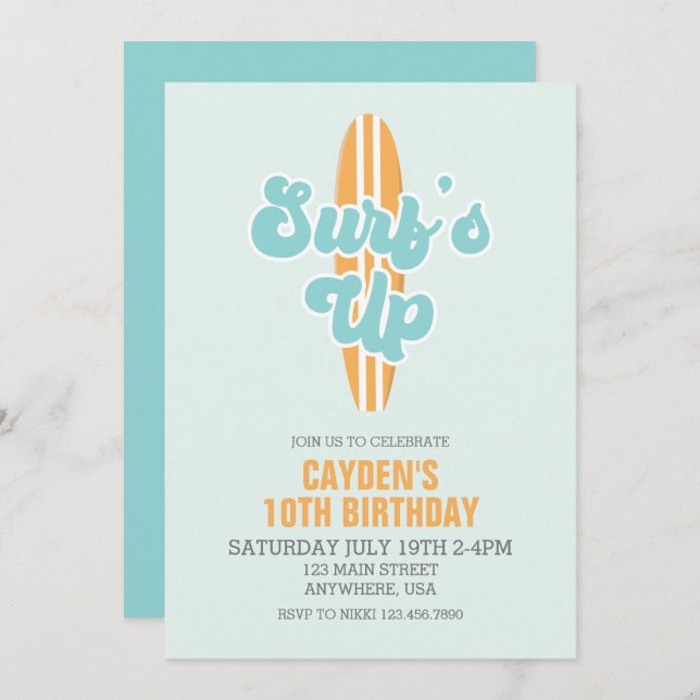 Surf's Up Surfboard Beach Birthday Invitation (Front/Back)