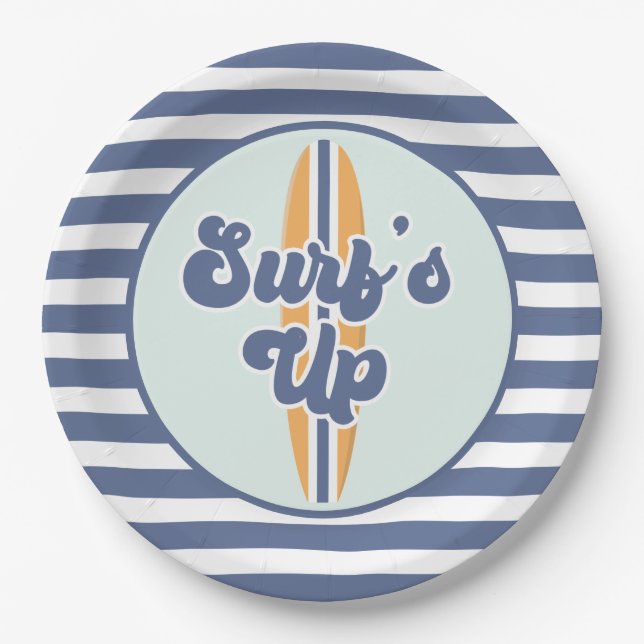 Surf's Up Surfboard Beach Birthday Paper Plates (Front)