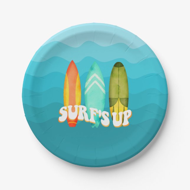 Surfs Up Surfboard Birthday Party Paper Plates (Front)