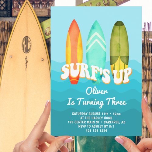 Surfs Up Surfboard Boy 3rd Birthday Invitation