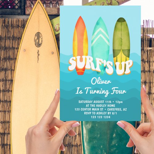 Surfs Up Surfboard Boy 4th Birthday Invitation