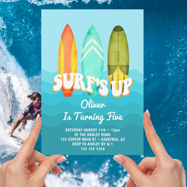 Surfs Up Surfboard Boy 5th Birthday Invitation (Creator Uploaded)