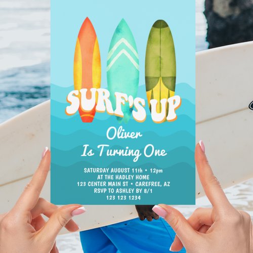 Surfs Up Surfboard Kids 1st Birthday Invitation