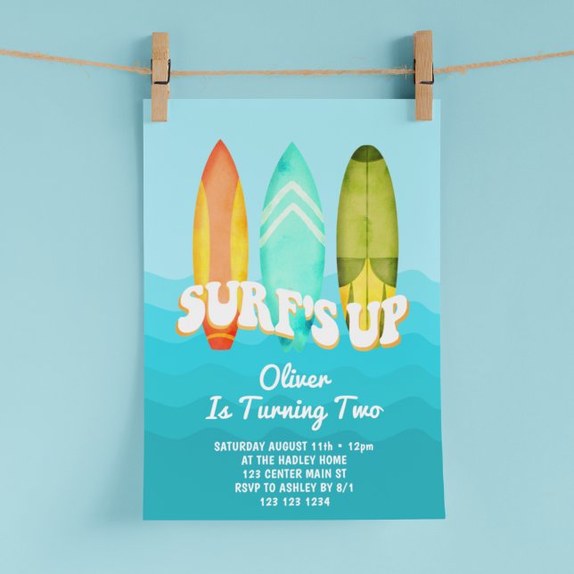 Surfs Up Surfboard Kids 2nd Birthday Invitation (Creator Uploaded)