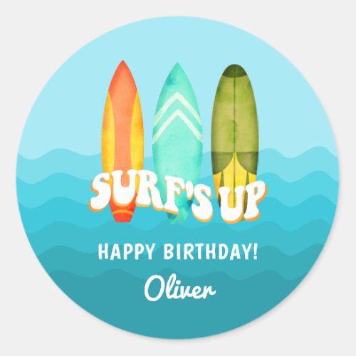 Surfs Up Surfboard Kids Birthday Sticker