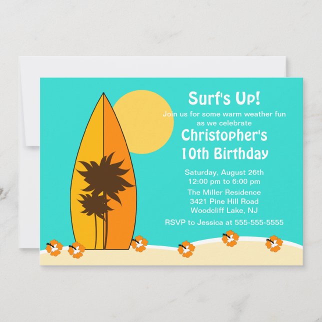 Surf's Up Surfboard Swimming Birthday Invitation (Front)