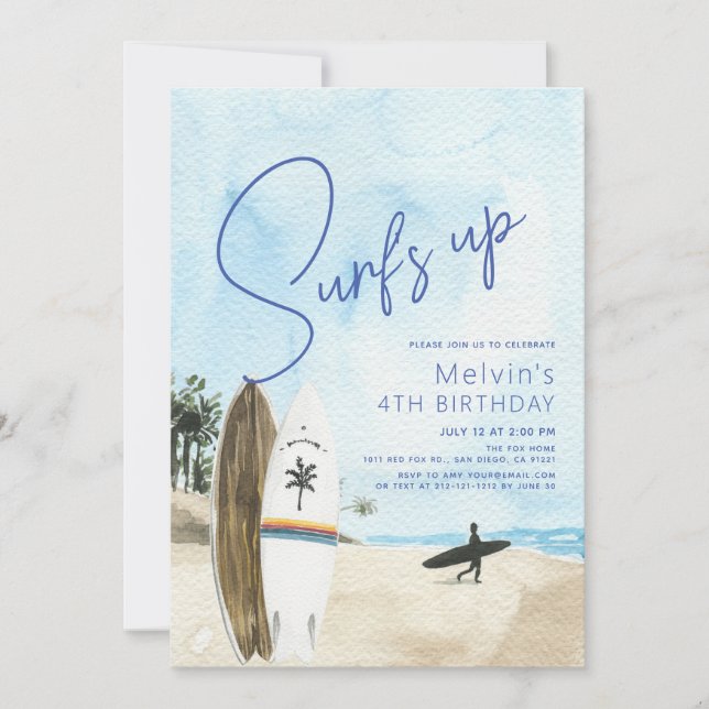 Surf's Up Surfboards Beach Blue Birthday Invitation (Front)