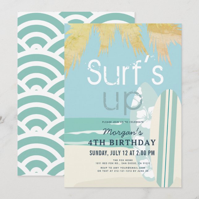 Surf's Up Surfboards Beach Boy Birthday Invitation (Front/Back)