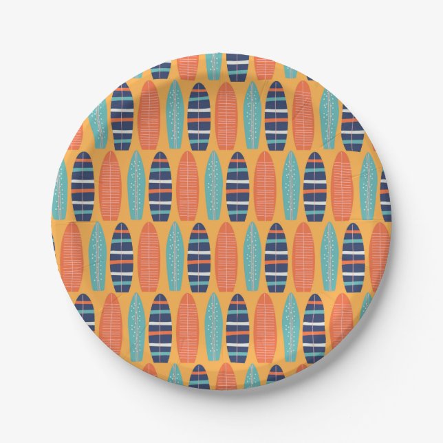 Surfs Up Surfboards Orange Blue Summer Birthday Paper Plates (Front)