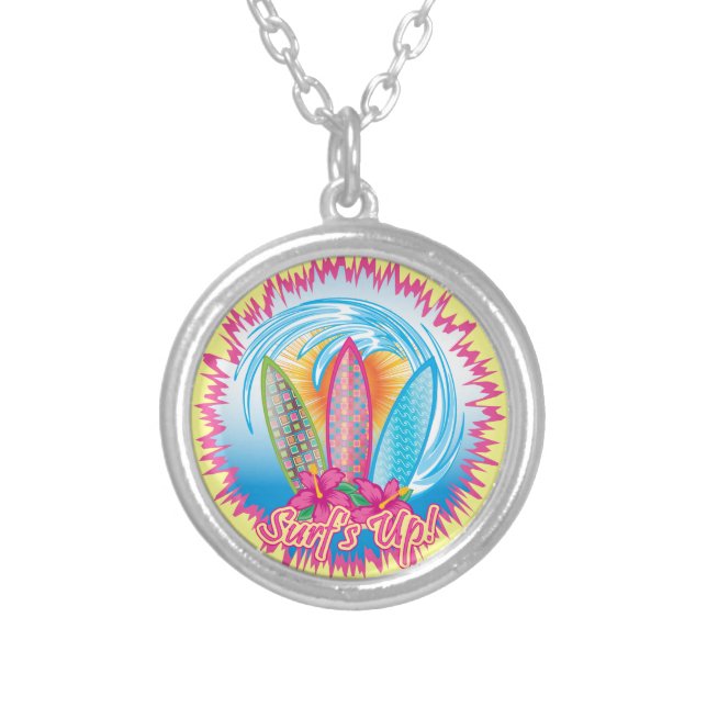 Surf's Up - Surfer Girl Silver Plated Necklace (Front)