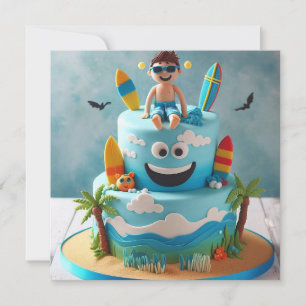 SURFS UP! SURFER KID ON A CAKE BIRTHDAY INVITATION