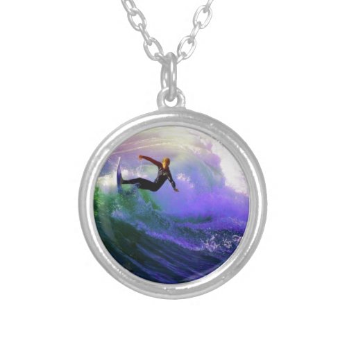 SURFS UP  surfer surfing catching a wave Silver Plated Necklace