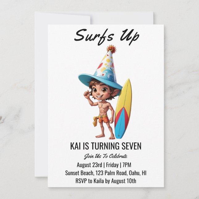 surfs up surfing beach birthday party invitations (Front)