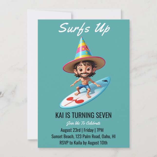 surfs up surfing beach birthday party invitations (Front)