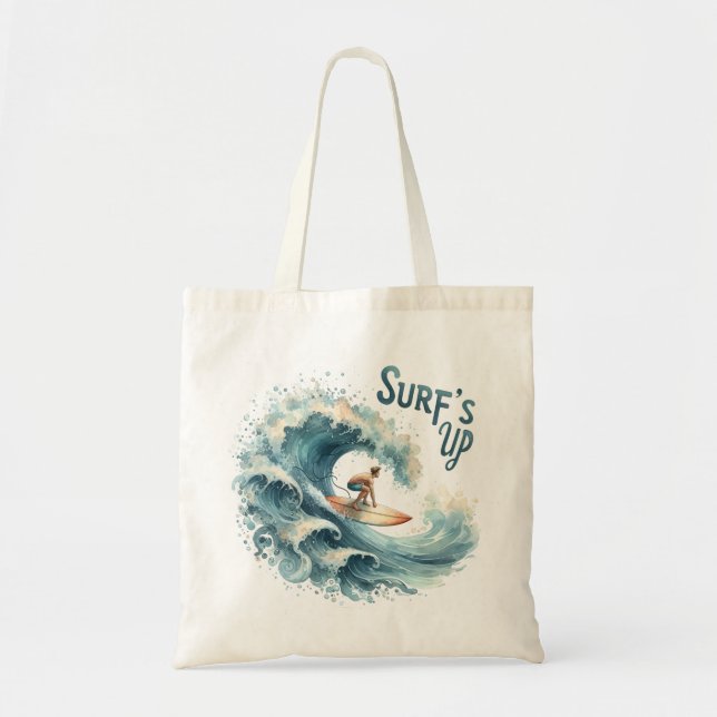 "Surf's Up" Surfing Graphic Tote Bag (Front)