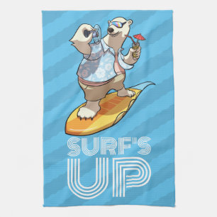 Surf's Up Surfing Polar Bear with Cocktail Cartoon Kitchen Towel