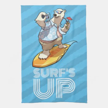 Surf's Up Surfing Polar Bear With Cocktail Cartoon Kitchen Towel by NoodleWings at Zazzle
