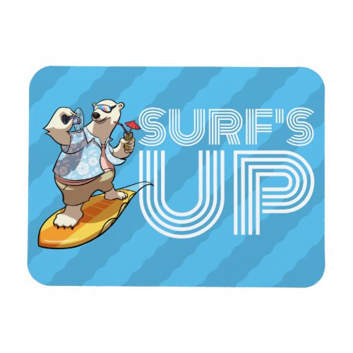 Surfs Up Surfing Polar Bear with Cocktail Cartoon Magnet