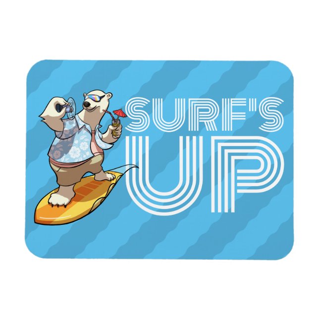 Surf's Up Surfing Polar Bear with Cocktail Cartoon Magnet (Horizontal)