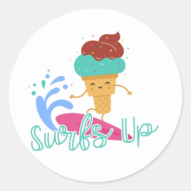Surfs Up Surfing Summer Ice Cream Cute Fun Favor Classic Round Sticker (Front)