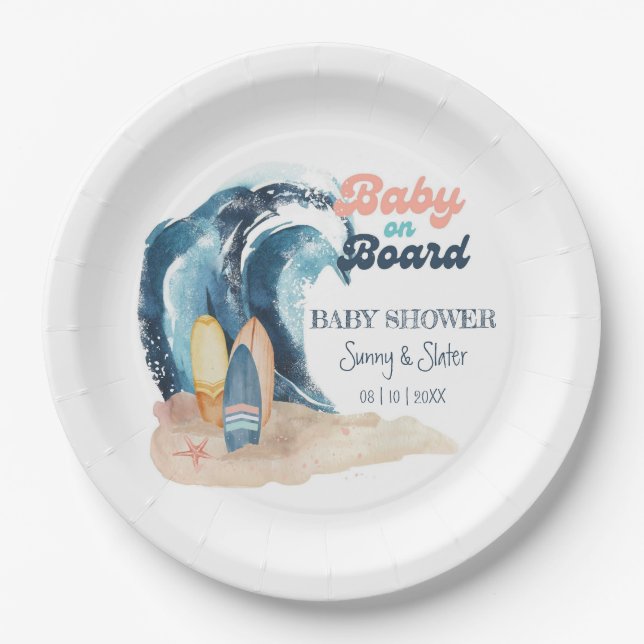 Surf's Up | Tropical Beach Couples Baby Shower Paper Plates (Front)
