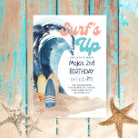 Surf's Up | Tropical Beach Kids Birthday Invitation<br><div class="desc">Surf theme kids birthday invitation features a watercolor big wave,  surfboards and starfish on the beach with "Surf's Up" typography in retro cool lettering. The tropical colors (coral,  yellow,  turquoise and navy blue) work great for a boy or girl. Art by KL Stock.</div>