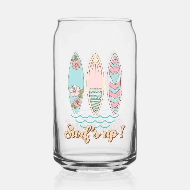 Surf's Up! Tropical Beach Summer Surfing Can Glass (Front)