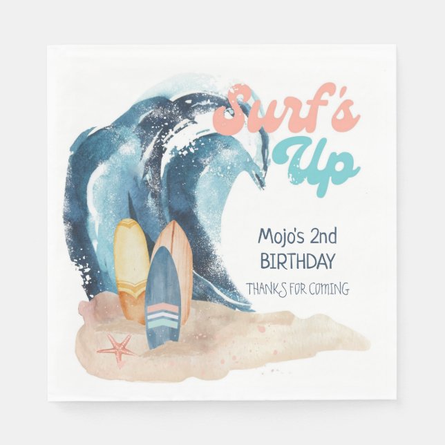 Surf's Up | Tropical Beach Surfing Kids Birthday  Napkins (Front)