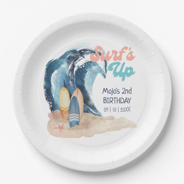 Surf's Up | Tropical Beach Surfing Kids Birthday Paper Plates (Front)