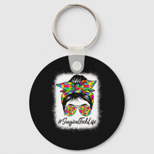 Surgical Tech Messy Bun Women Supporting Autism Aw Keychain