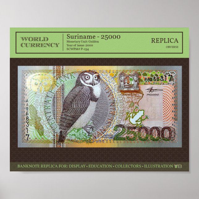 Suriname 25,000 Gulden Banknote replica 10x8 photo Poster (Front)