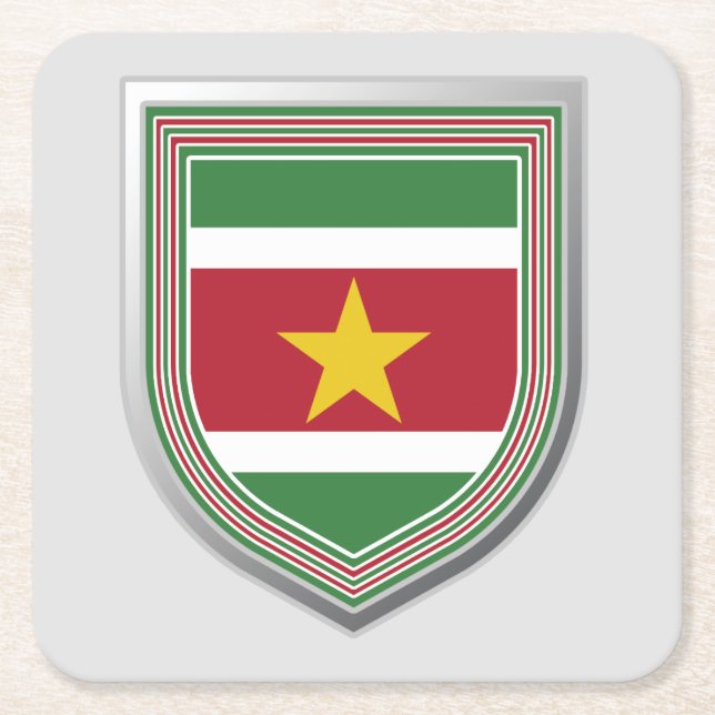 Suriname Flag Shield Square Paper Coaster (Front)