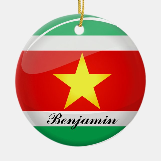Suriname Glossy Round Flag Ceramic Ornament (Front)