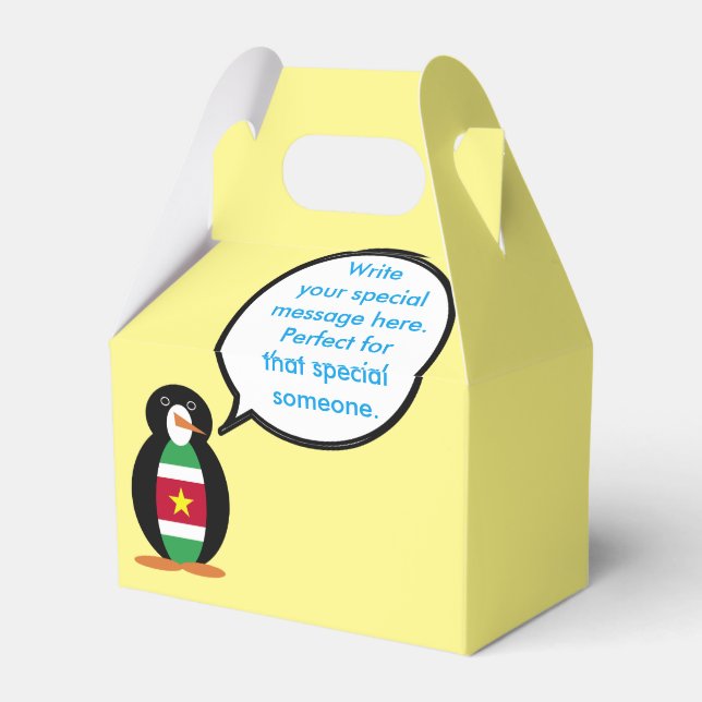Surinamese Flag Talking Ms. Penguin Personalized  Favor Boxes (Back Side)