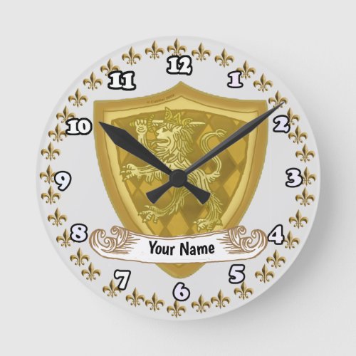 Surname Lion Crest Shield surname  Round Clock