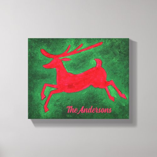 Surname Red Green Christmas Reindeer Painting Canvas Print